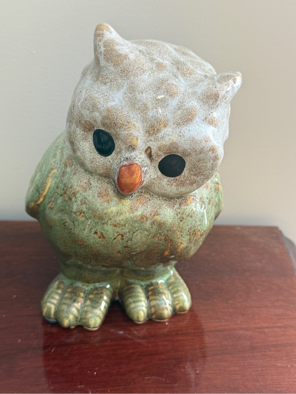 Vintage 70s Green Ceramic Owl Figurine textured sage green pottery statue 7”